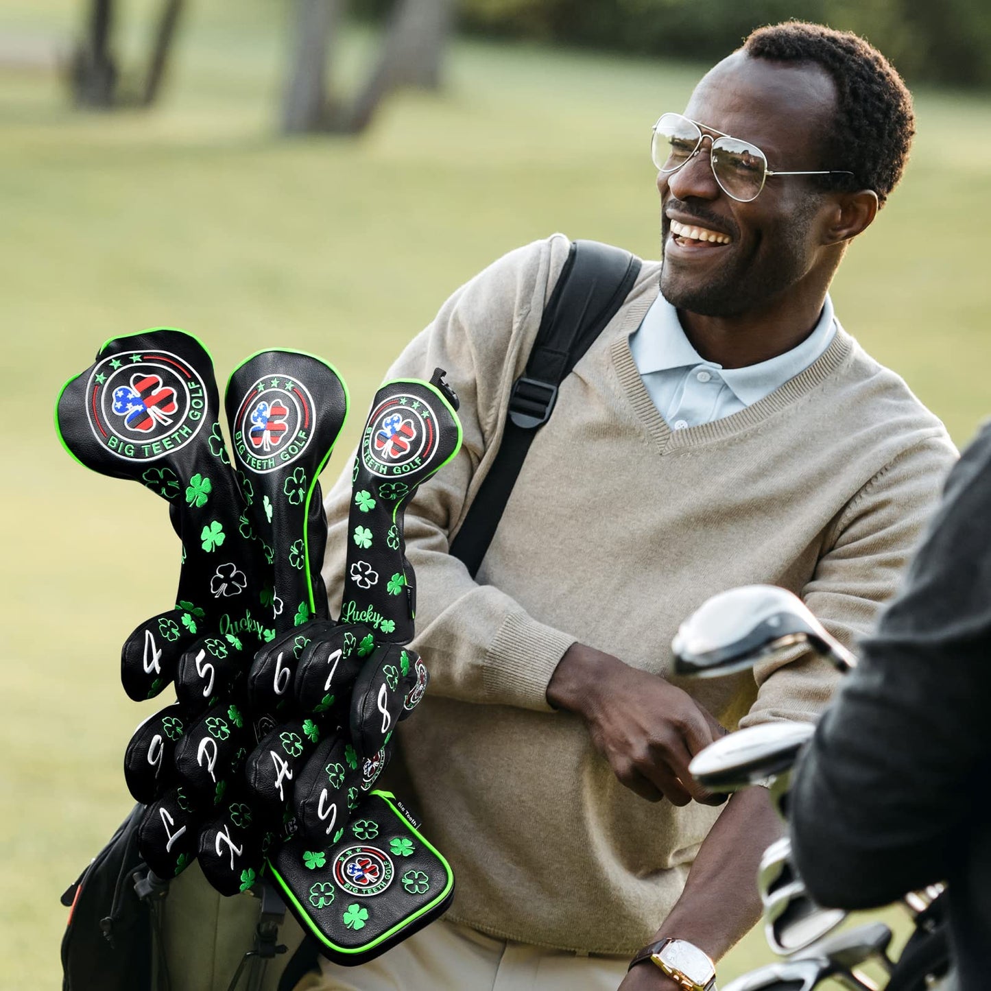 BIG TEETH Golf Head Covers Driver Hybrid Fairway Cover Golf Club Protector Lucky Clover and USA Pattern Black (Driver Cover)