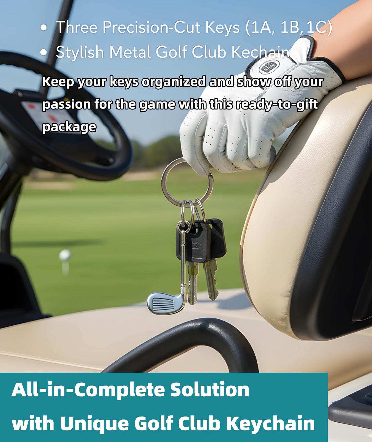 TELSOLAR Club Car Golf Cart Keys (1A,1B,1C) 4-Pack with Golf Club Keychain - Metal Driver Key Ring & Replacement for 105068002, 101974701 - Fits Carryall, Tempo, Onward