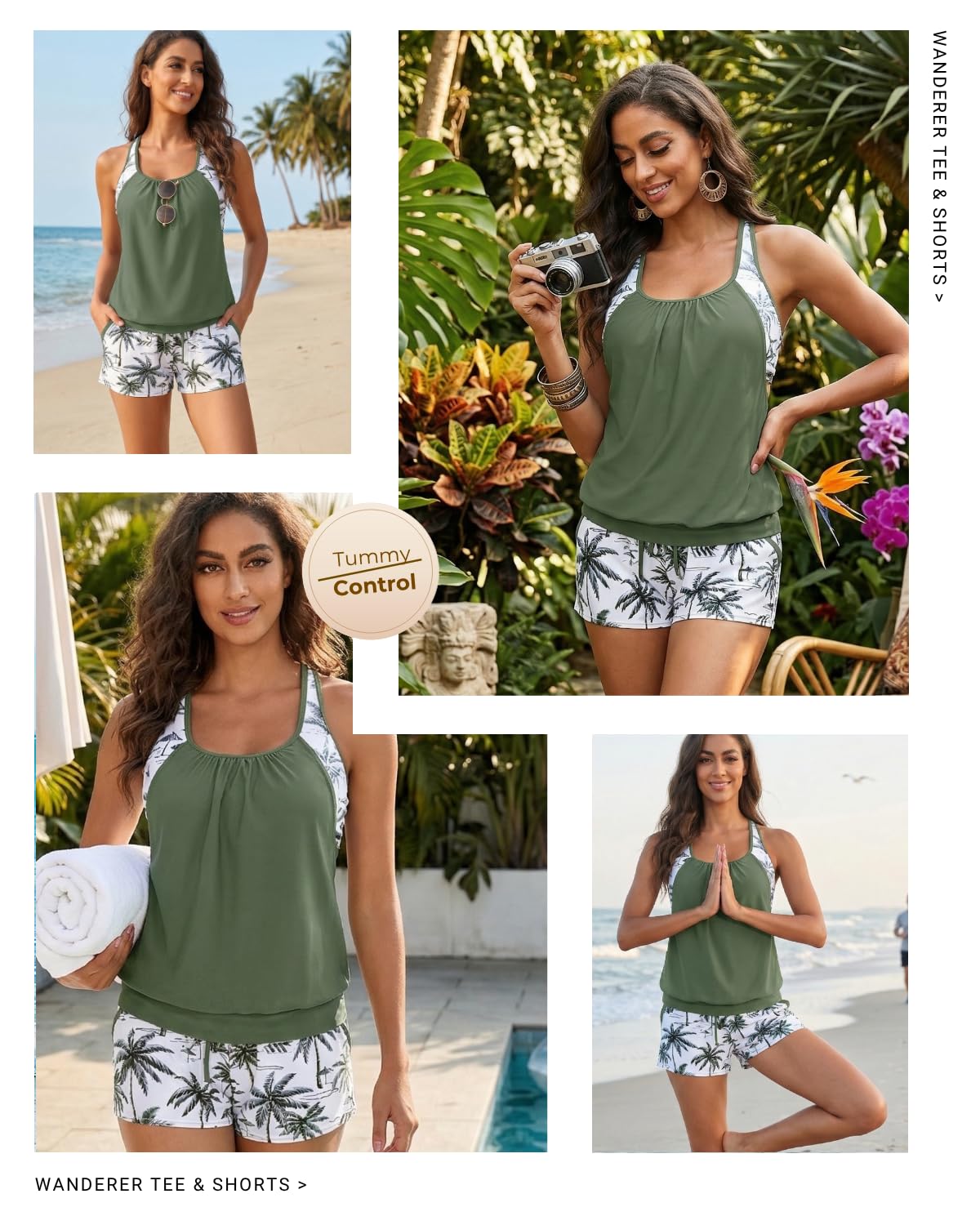 Womens 2 Piece Tankini Swimsuit Blouson Bathing Suit with Pockets Shorts