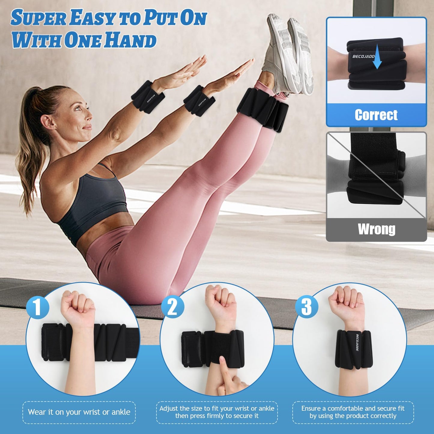 BECOJADDE Ankle Weights Set of 2 (2 lb Each) Adjustable Wrist Weights for Women Men Wearable Arm Leg Weight for Pilates, Running, Walking, Workout, Yoga, Black