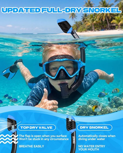 Aegend Snorkeling Gear for Kids - Anti-Fog Mask, Adjustable Fins & Dry Snorkel | Complete Snorkel Kit