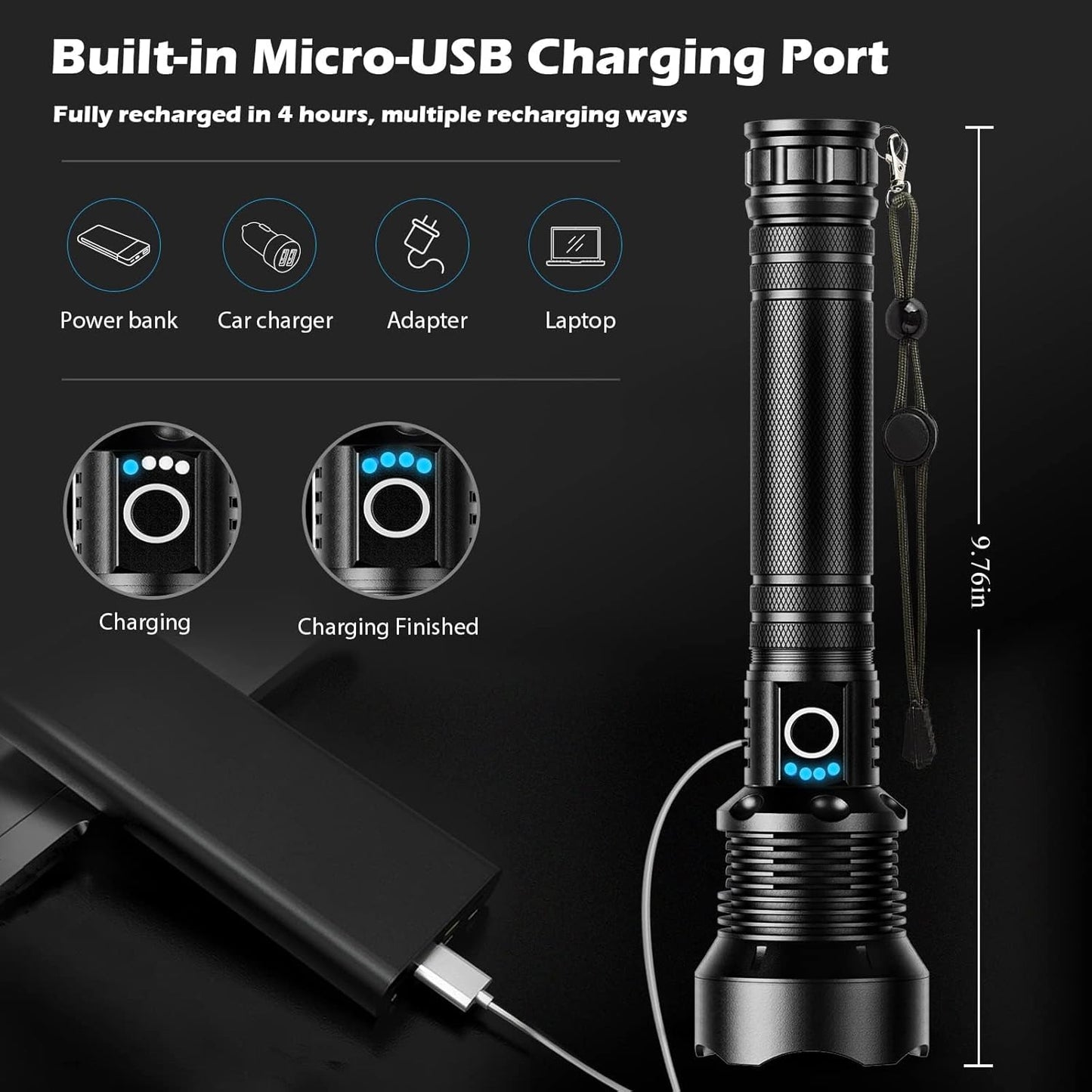 90,000 Lumens Rechargeable LED Flashlight - Super Bright, 5 Modes, Waterproof for Camping & Hiking