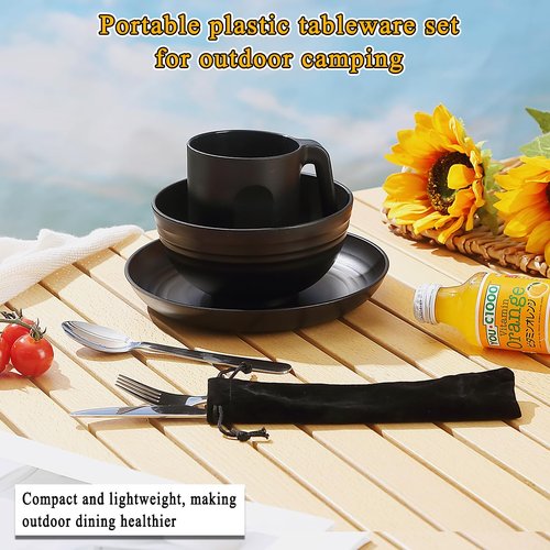 Camping Utensils, Reanea Camping Mess Kit for Travel, Camping, Picnic, Outdoor, Camping Gear Include Knife, Spoon, Fork Cutlery Set, Cup, Bowl, Plate, Camping Essentials for 1