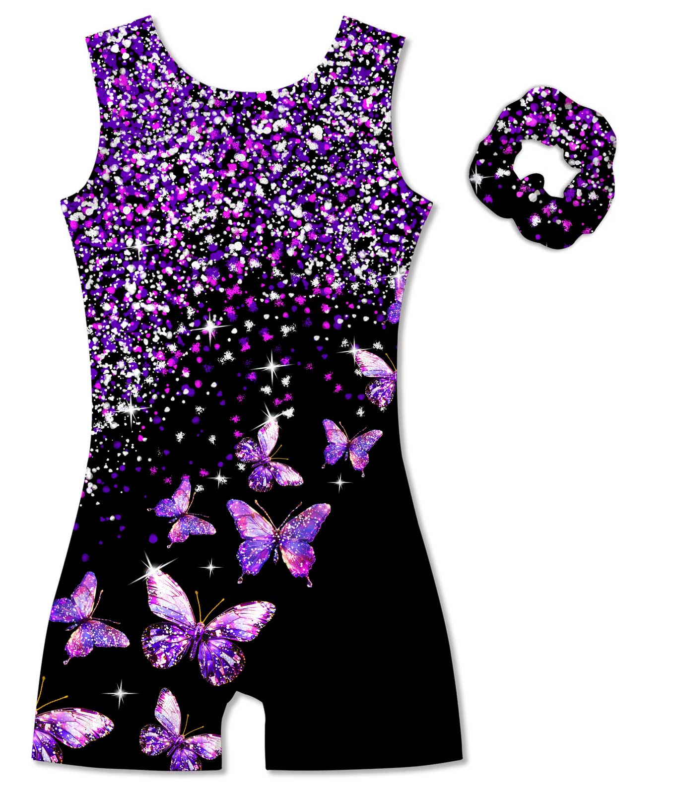 Vogseek 9-10 Years Girls Gymnastics Leotards with Hair Scrunchie Sparkle Dance Unitards Purple Butterfly's Glitter Active Biketards with Shorts for Kid Cute Tumbling Dance Outfits