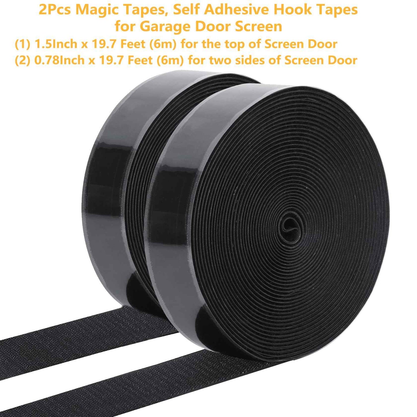 YoFuZiHu [2 Packs] Magic Tapes for 1 or 2 Cars Garage Door Screen, Self Adhesive Hook Tapes Sticky Back Fastening Roll, Nylon Strips Fastener, 1.57'' x 19.7ft (W x L) & 0.78'' x 19.7ft, Black
