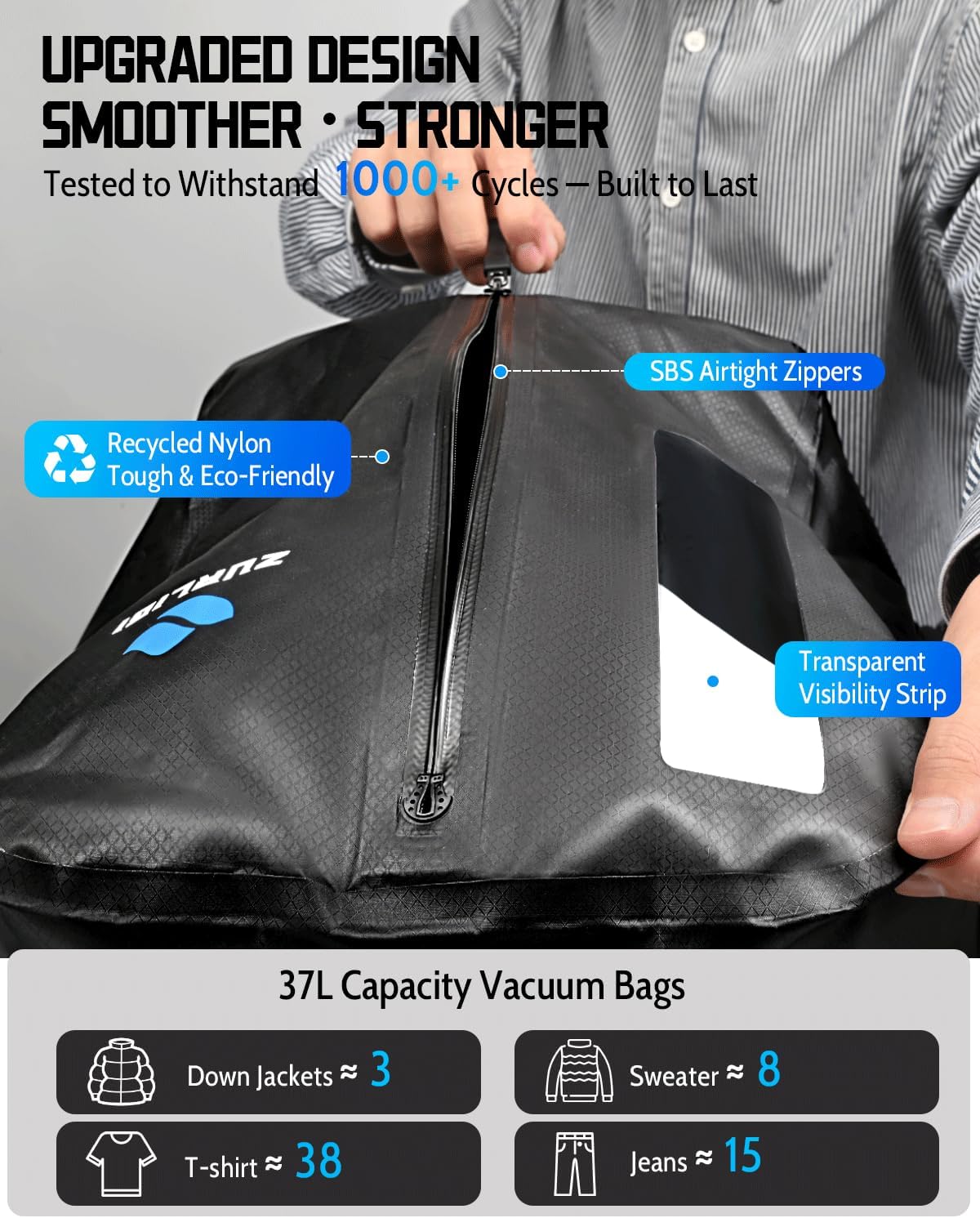 Zurligi Vacuum Backpack - Expandable 30-70L Compression Travel Bag with Pump & USB Charge Port (Black)