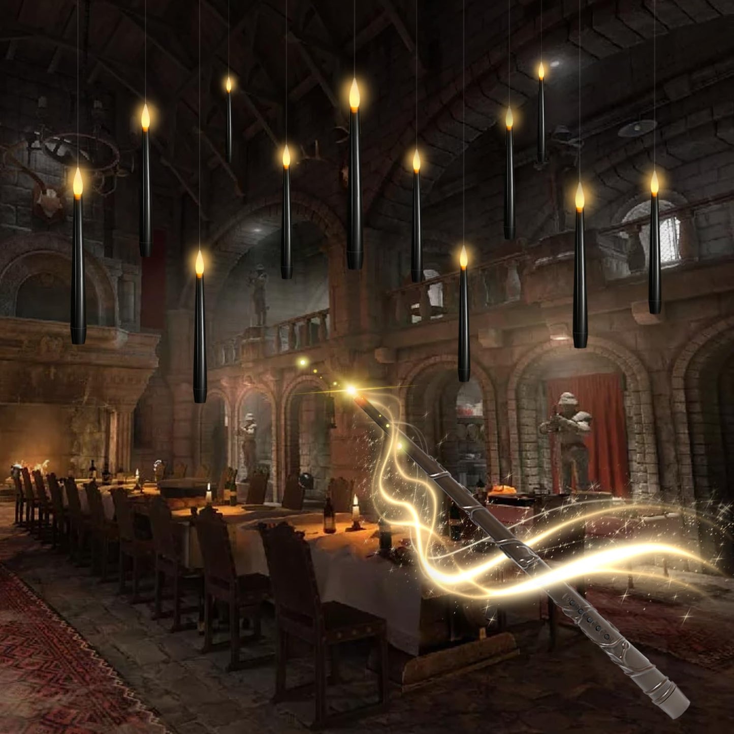 kakoya Flameless Floating Candles with Wand，12 Pcs Magic LED Hanging Taper Candles，Flickering Battery Operated Taper Candle with Wand Remote for Halloween Decorations Best Gift（Black）