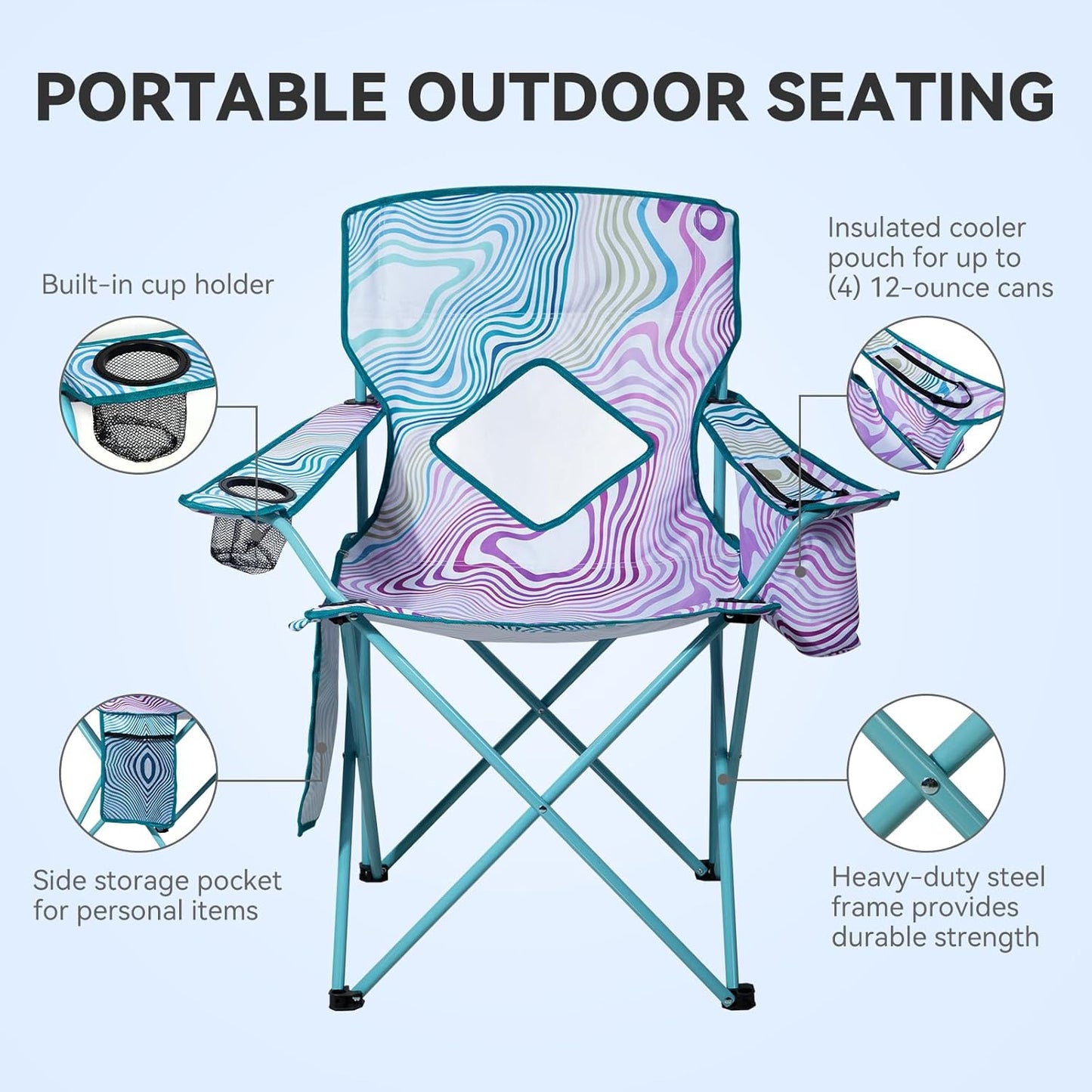 Nazhura Folding Camping Chair Set - Comfortable Mesh Backrest & Cooler Pouch | 2 Pack, Floral Design