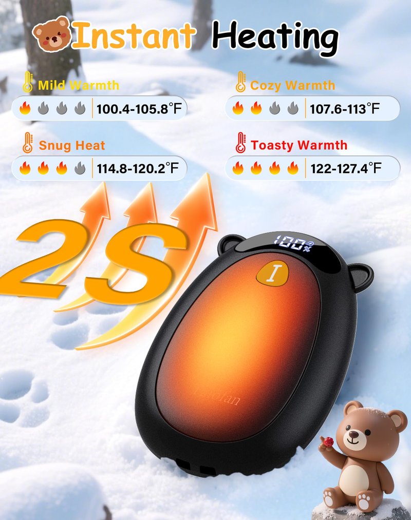 Taiofan Electric Hand Warmers Rechargeable, Cute Bear Design, LED Display, 4 Settings, Fast Heating Portable Pocket Heater Magnetic Handwarmers 2 Pack for Hunting Essentials Camping Gift for Men Women