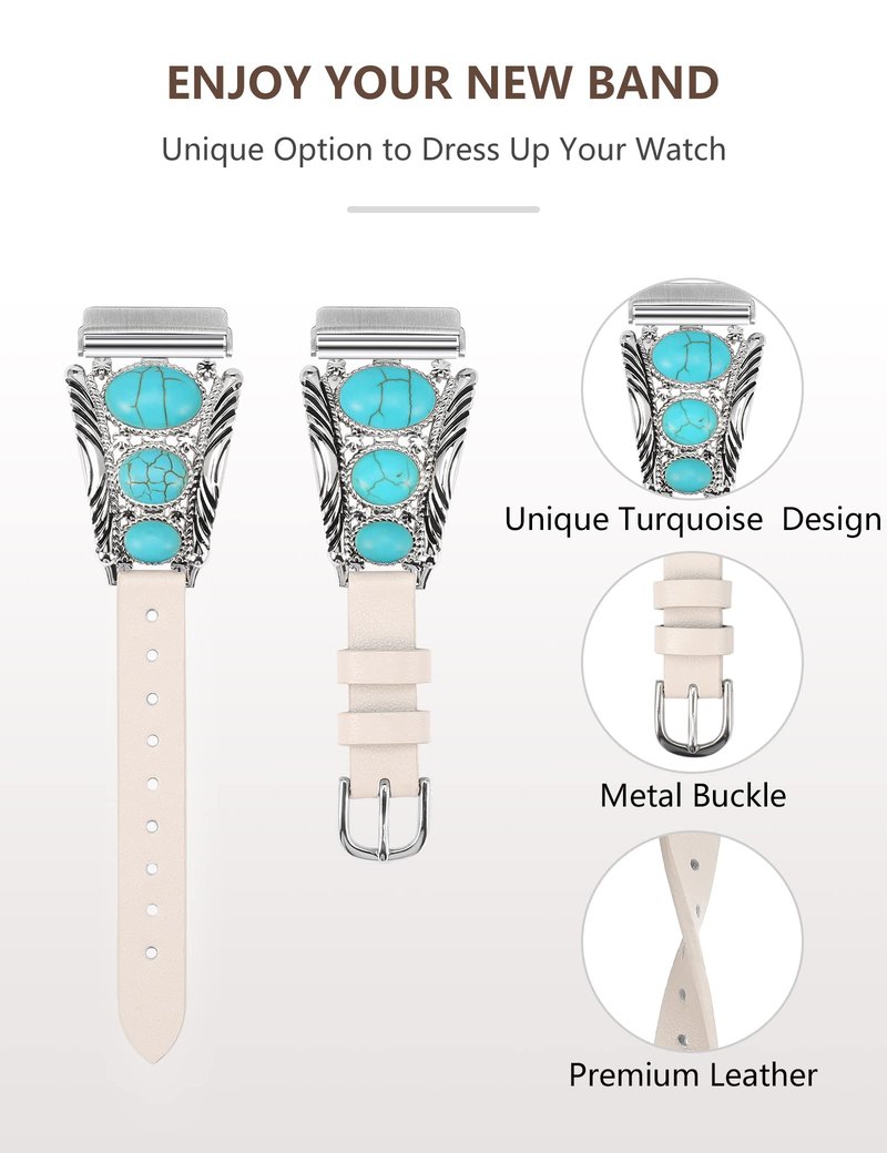 Minyee Leather Band Compatible with Fitbit Versa 2/Versa 1/Versa Lite Bands Women, Turquoise Western Boho Vintage Cowboy Retro Jewelry Ethnic Designer Cute Fancy Style Replacement Strap for Versa 2