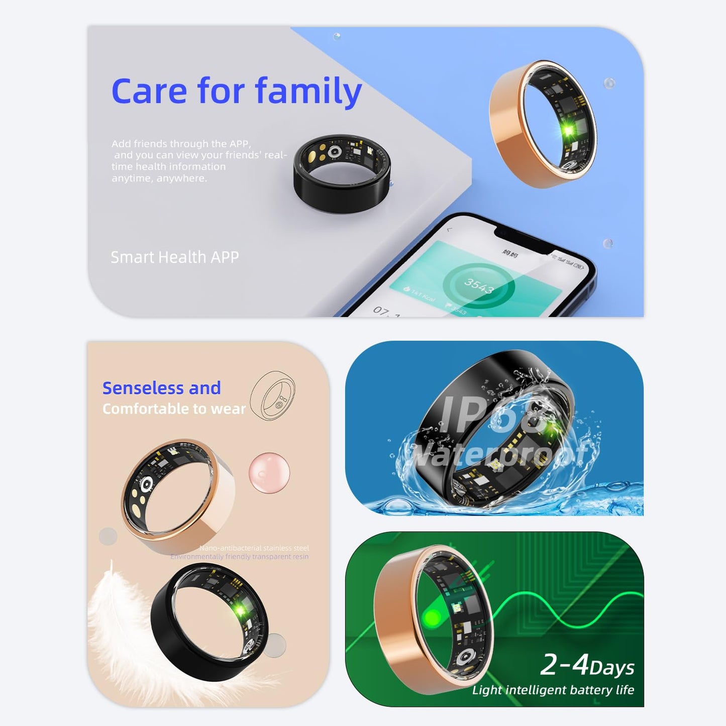 Smart Health Ring for Women Men Fitness Tracke IP68 Waterproof Fitness Ring with Heart Rate/Blood Pressure/Blood Oxygen/Sleep Tracker/Step/Calories for iOS and Android,No Subscription Fee,Gold 14