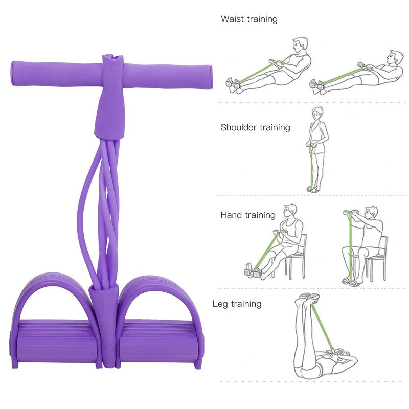 4 Tube Elastic Pull Rope Sit Up Training Pedal Resistance Band Yoga Stretching Fitness Equipment (Purple)