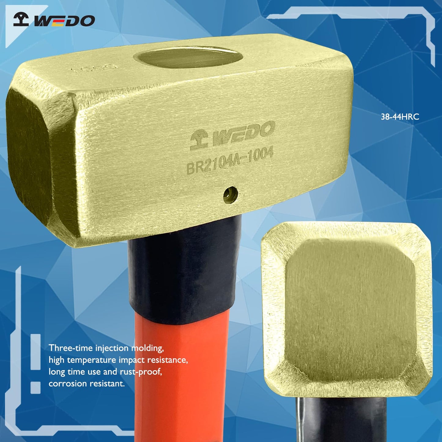 WEDO Brass Sledge Hammer 4 lb, Club Hammer with Fiberglass Handle, Drilling Hammer, Crack Hammer, Die-Forge, Corrosion Resistant, DIN Standard, 15" Length