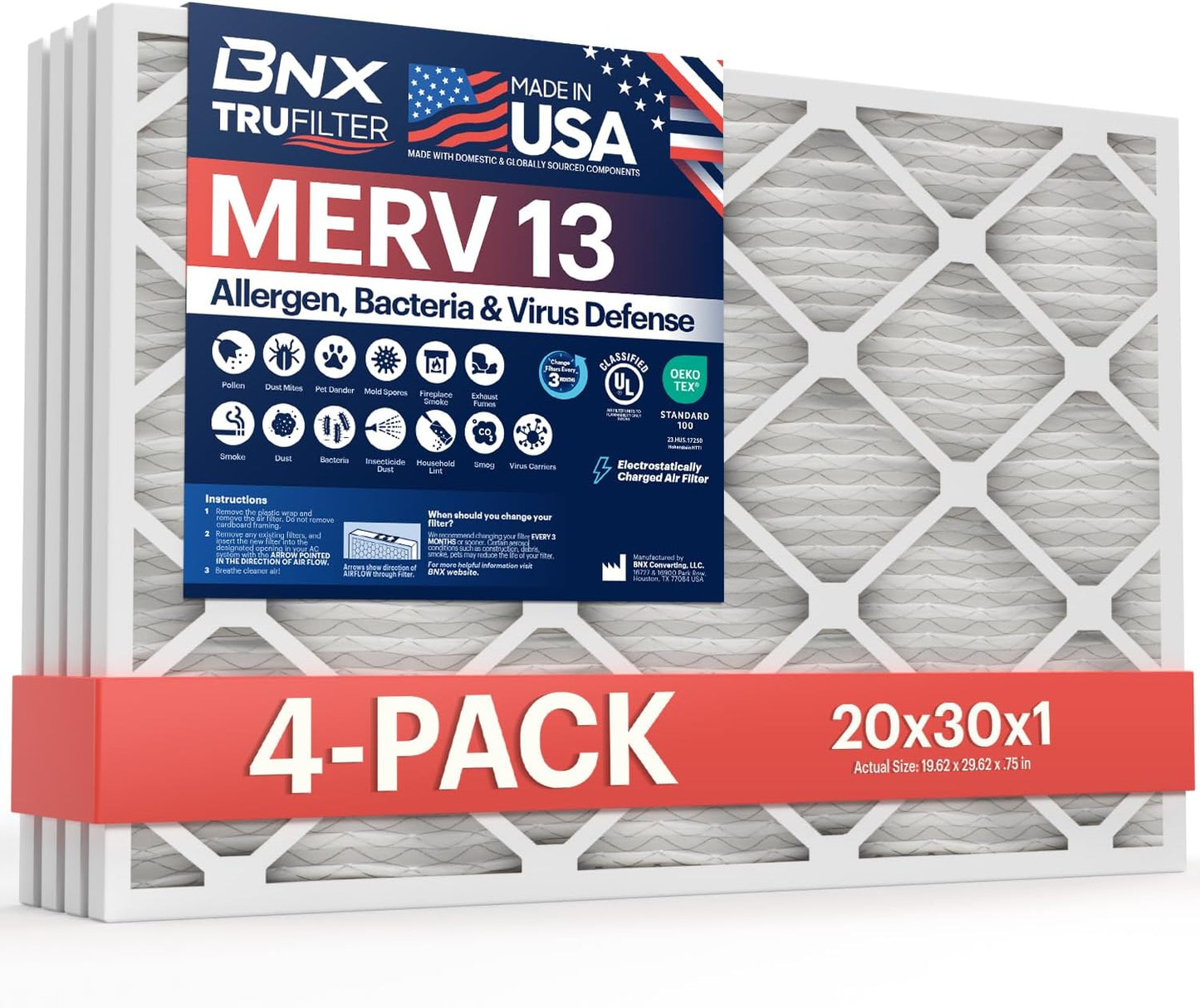 BNX TruFilter 12x12x1 MERV 8 Air Filters (6-Pack) - USA-Made Dust & Pet Defense for HVAC