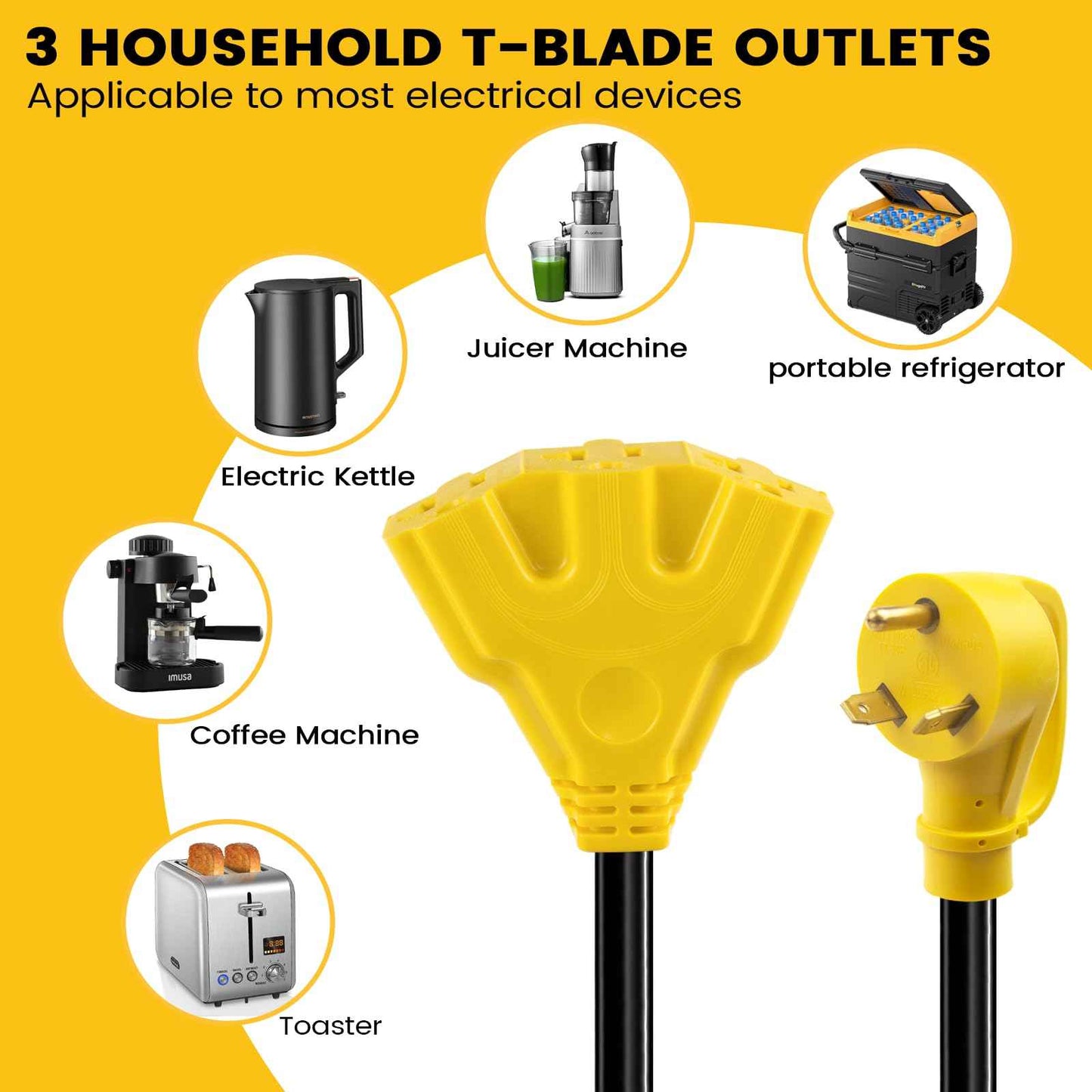 KANGIKX 30 Amp to 110V 20 Amp RV Distribution Adapter, NEMA TT-30P Male to 3X5-15/20R Female RV Generator Adapter Cord, 30 to 20Amp 125V 3-Prong to Multiple Household Outlet 1.6FT