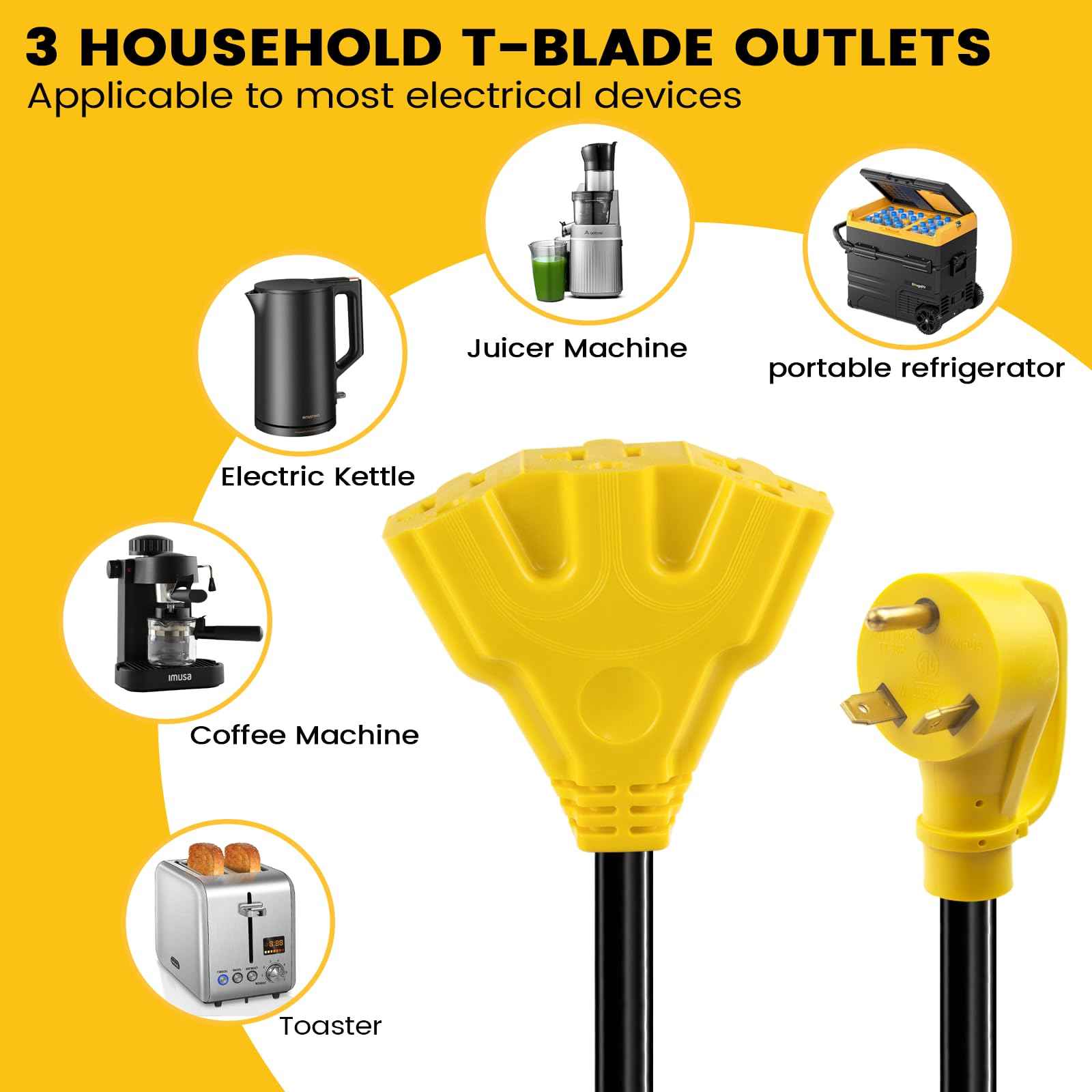 KANGIKX 30 Amp to 110V 20 Amp RV Distribution Adapter, NEMA TT-30P Male to 3X5-15/20R Female RV Generator Adapter Cord, 30 to 20Amp 125V 3-Prong to Multiple Household Outlet 1.6FT