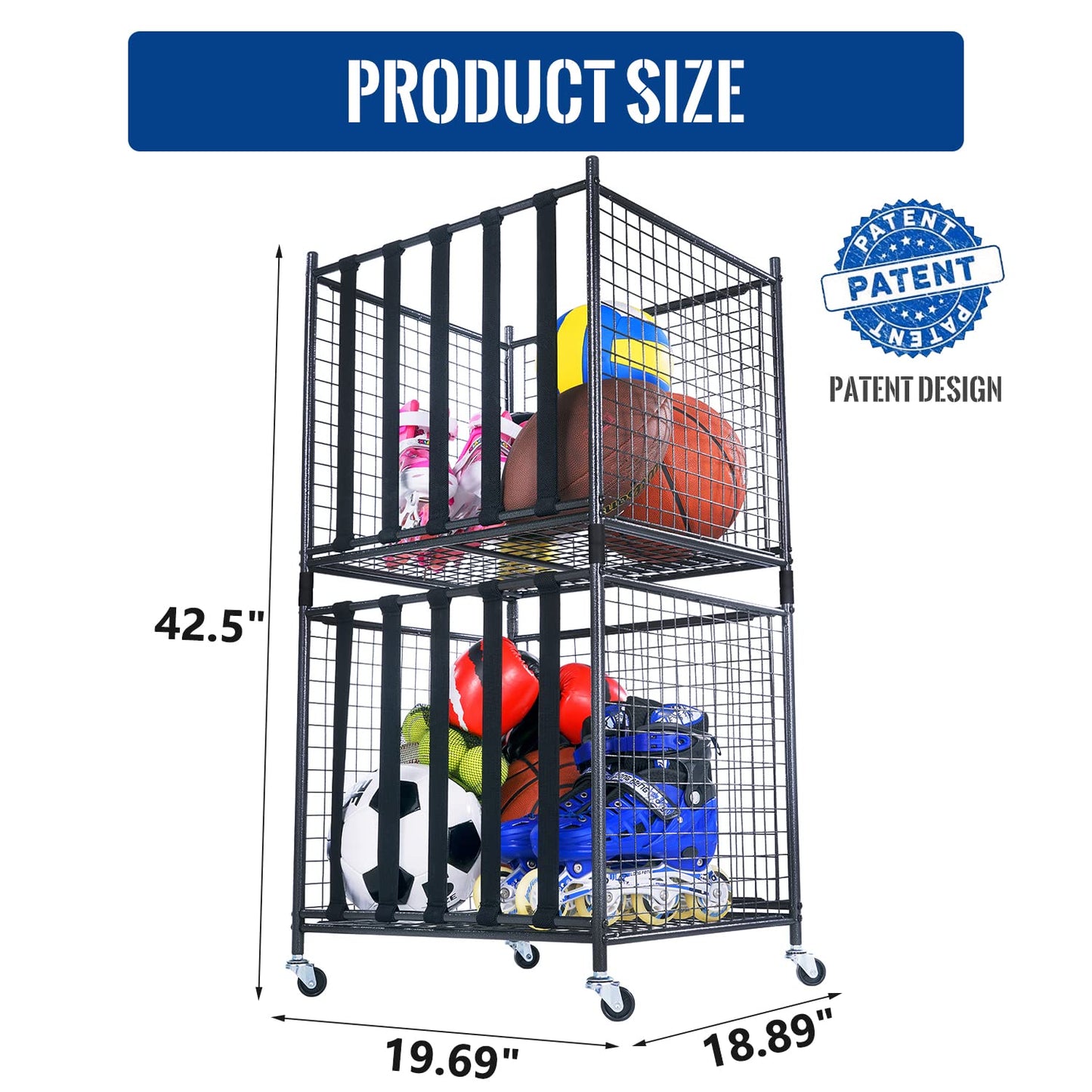 Mythinglogic Rolling Sports Ball Storage Cart, Sports Lockable Ball Storage Locker with Elastic Straps, Stackable Ball Cage for Garage Storage Garage Organizer (Black)