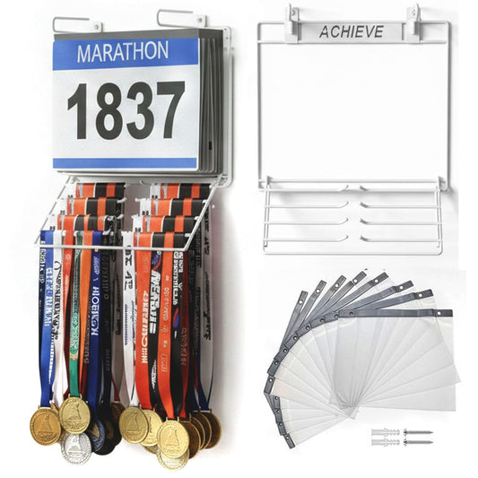 Performore 2-in-1 Wall-Mount Medal & Bib Display Rack | Metal Steel Organizer Rack with 12 Clear Bib Pockets, Hooks & Mounting Kit | Holds 40+ Medals & Bibs | Home, Gym, Sports Room