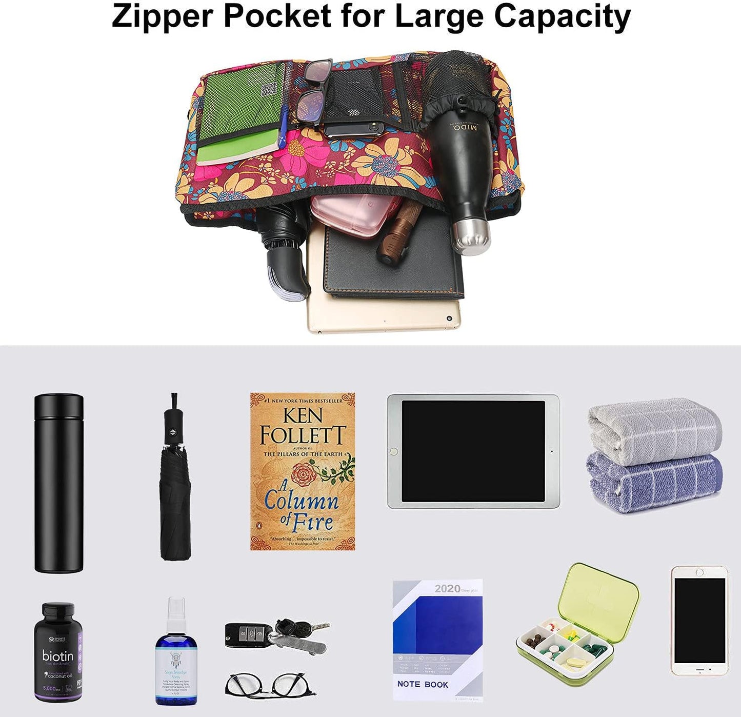 Walker Bag - Water Resistant Pouch Basket with 6 Pockets for Rollators & Wheelchairs | Floral Design