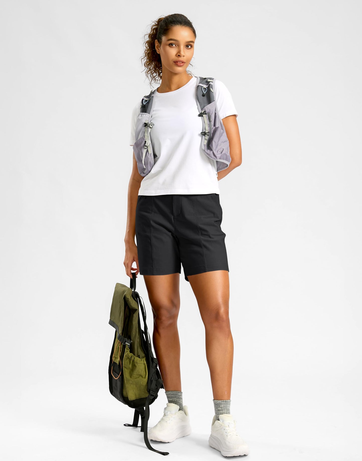 SANTINY Women's 5"/7" Hiking Golf Shorts Quick Dry Stretch Casual Work Shorts with Pockets for Women Walking Travel Summer (Black_L)