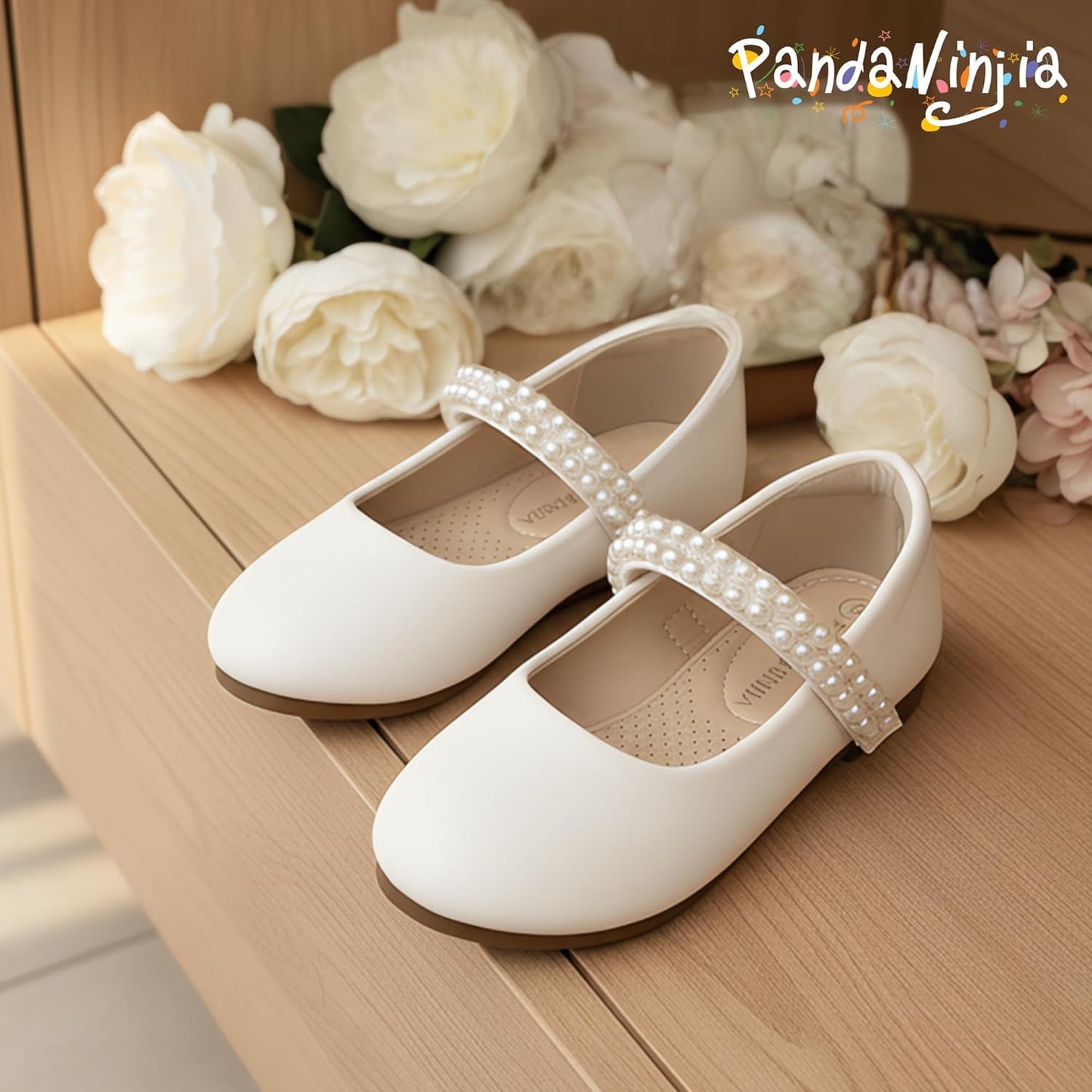 PANDANINJIA Ballet Flats for Girls - Elegant Pearl-Embellished Wedding & Party Shoes | Toddler to Little Kid Sizes