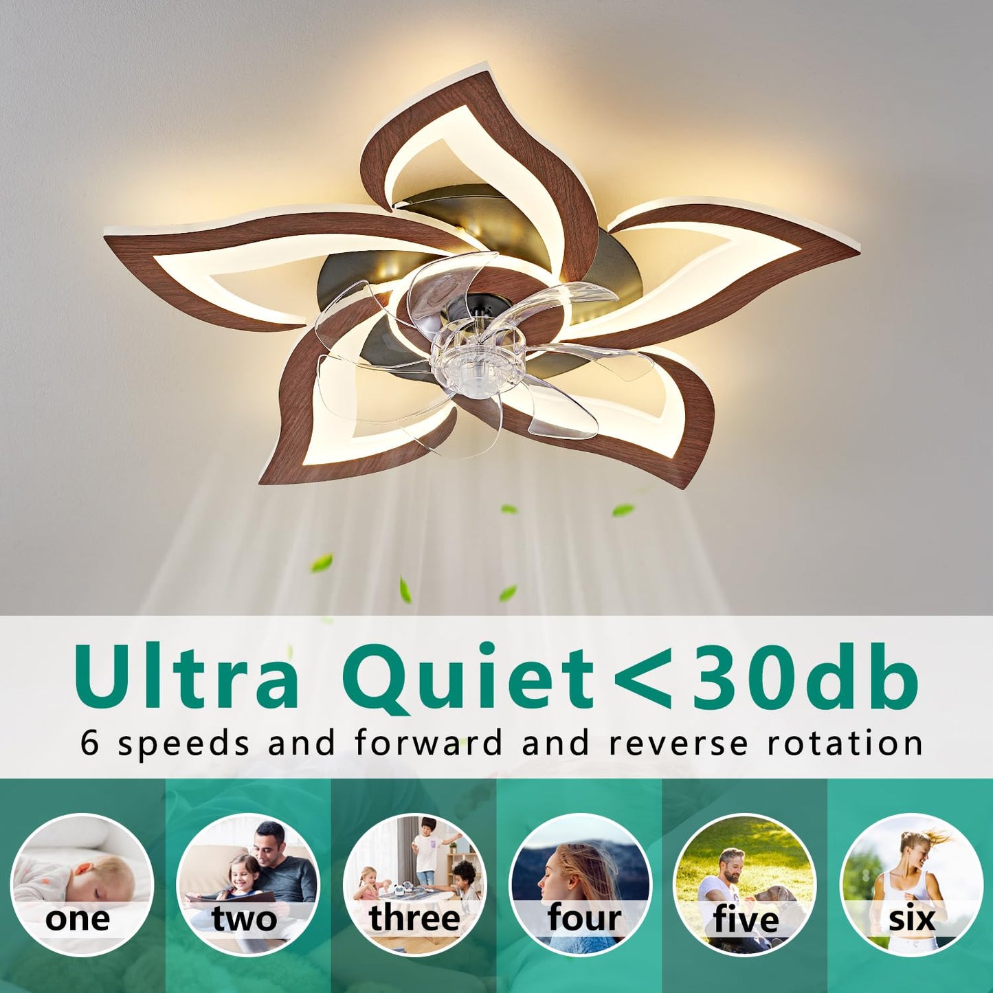 HuixuTe 24" Wood Geometric Ceiling Fan with Lights Remote Control, Low Profile Ceiling Fan with Light for Kitchen Bedroom Living Room