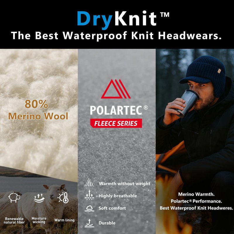 TOP-EX DryKnit™ Merino Wool Waterproof Hat with Brim and Ear Flaps Fleece Lined Beanie with Bill for Men Cold Weather Ski Outdoor Hunting for Big Head Black XL/XXL