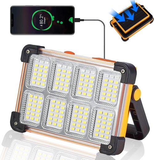 **Skiennix 120W Solar Rechargeable Work Light - 10000LM Portable Flood Light with Stand, IP66 Waterproof**