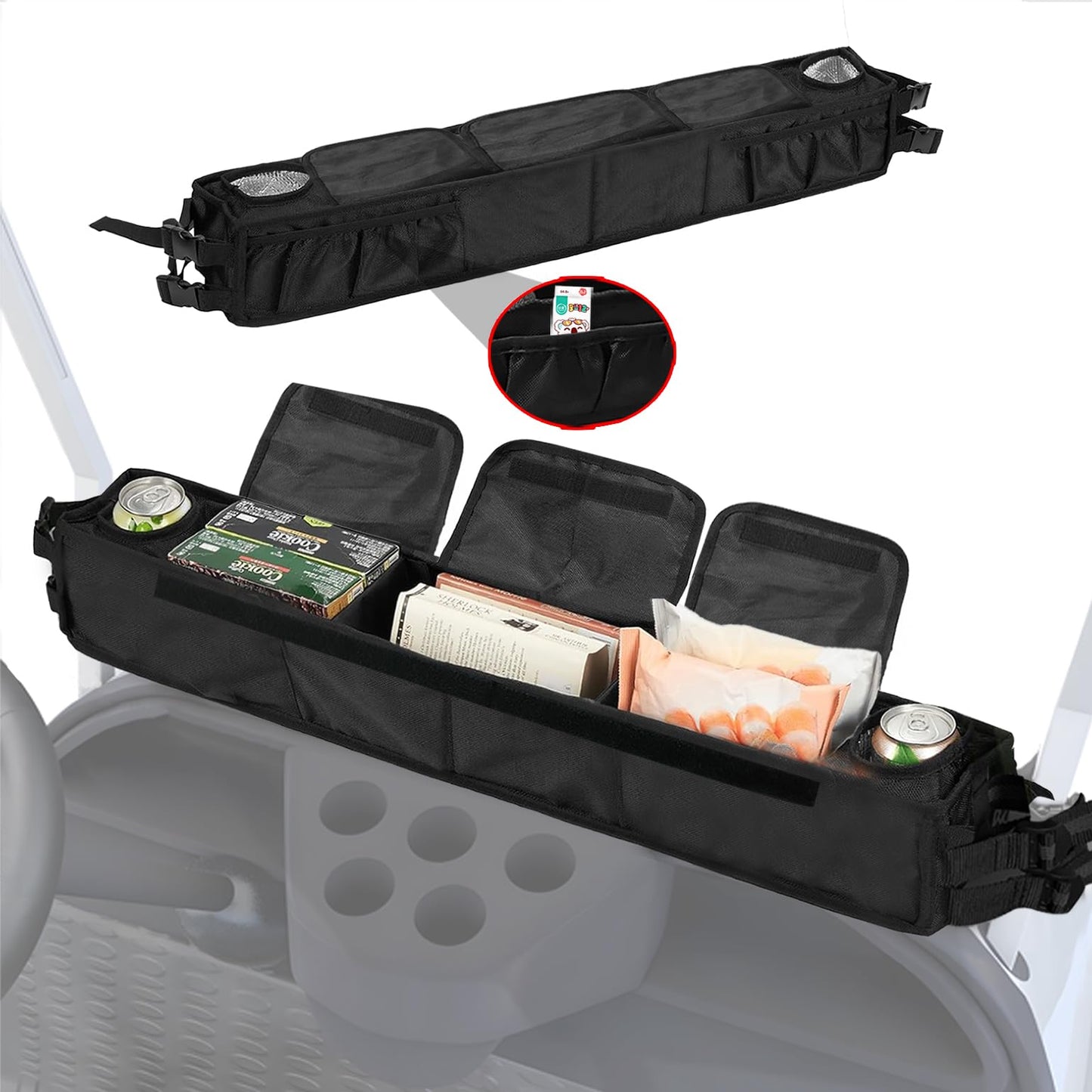 No-Drilling Golf Cart Inner Front Storage Basket with 2 Insulated Cup Holders, Foldable Dash Tray Storage Organizer Compatible with EZGO Club Car Kandi Electirc, Practical Golf Car Accessories