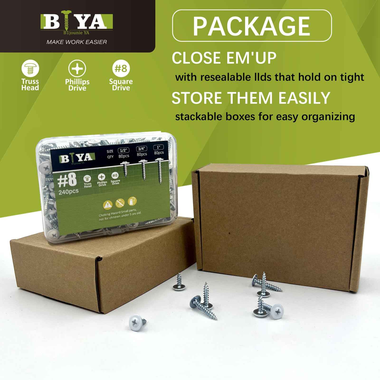 White Head Screws,240pcs #8 Thread Truss Head Fast Self Tapping White Pan Cabinet Screws Wood Work for Wall Plates, 1/2 Inch, 3/4 Inch, 1 Inch