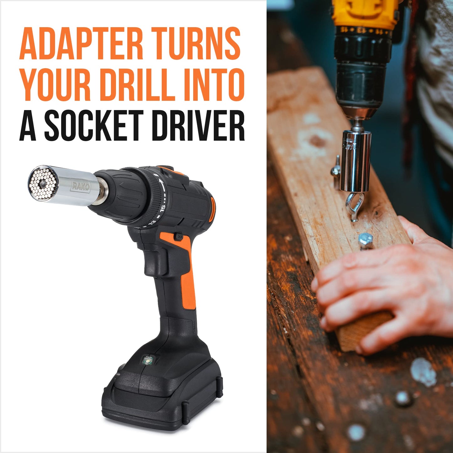 RAK Super Universal Socket Set (11-32mm 7-19mm) Universal Socket Wrench Set, Stocking Stuffer Gator Grip with Power Drill Adapter Set, Ideal Cool Gadgets Stuff Gifts for Men Dad Husband 4PCS