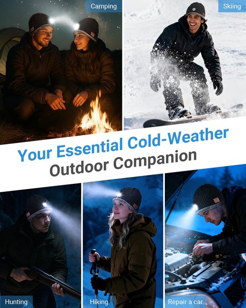 Bluetooth Beanie with a Light, Unisex USB Rechargeable Winter Hat with 4 LED Headlamp & Wireless Headphones, Unique Christmas Stocking Stuffers & Birthday Gifts for Men, Husband, Teens Dark Black