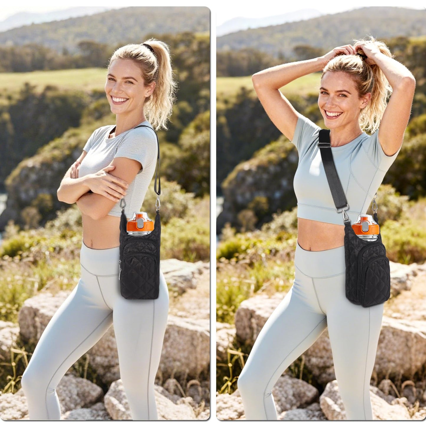 Ahdoma Water Bottle Holder with Strap Water Bottle Carrier Quilted Puffer Crossbody Sling Purse Hydro Bag for Women Walking Hiking