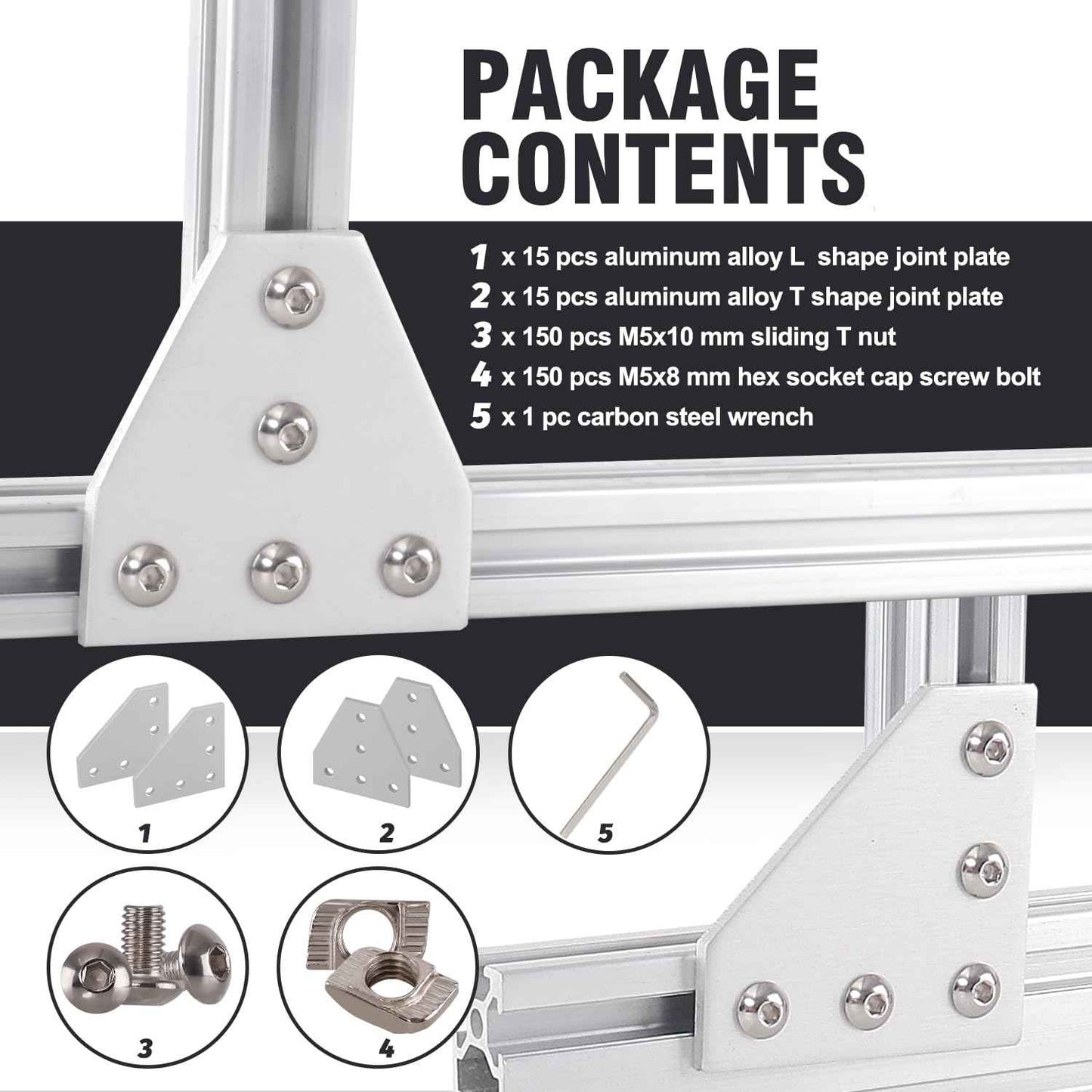Sidaxia 2020 Corner Bracket Joint Plate 15Pcs L Shape & 15Pcs T Shape 5 Hole Aluminum Extrusion Connector with 150Pcs T-Nuts, 150Pcs Screws and 1Pc Wrench for 20 x 20mm Series Extrusion Profile