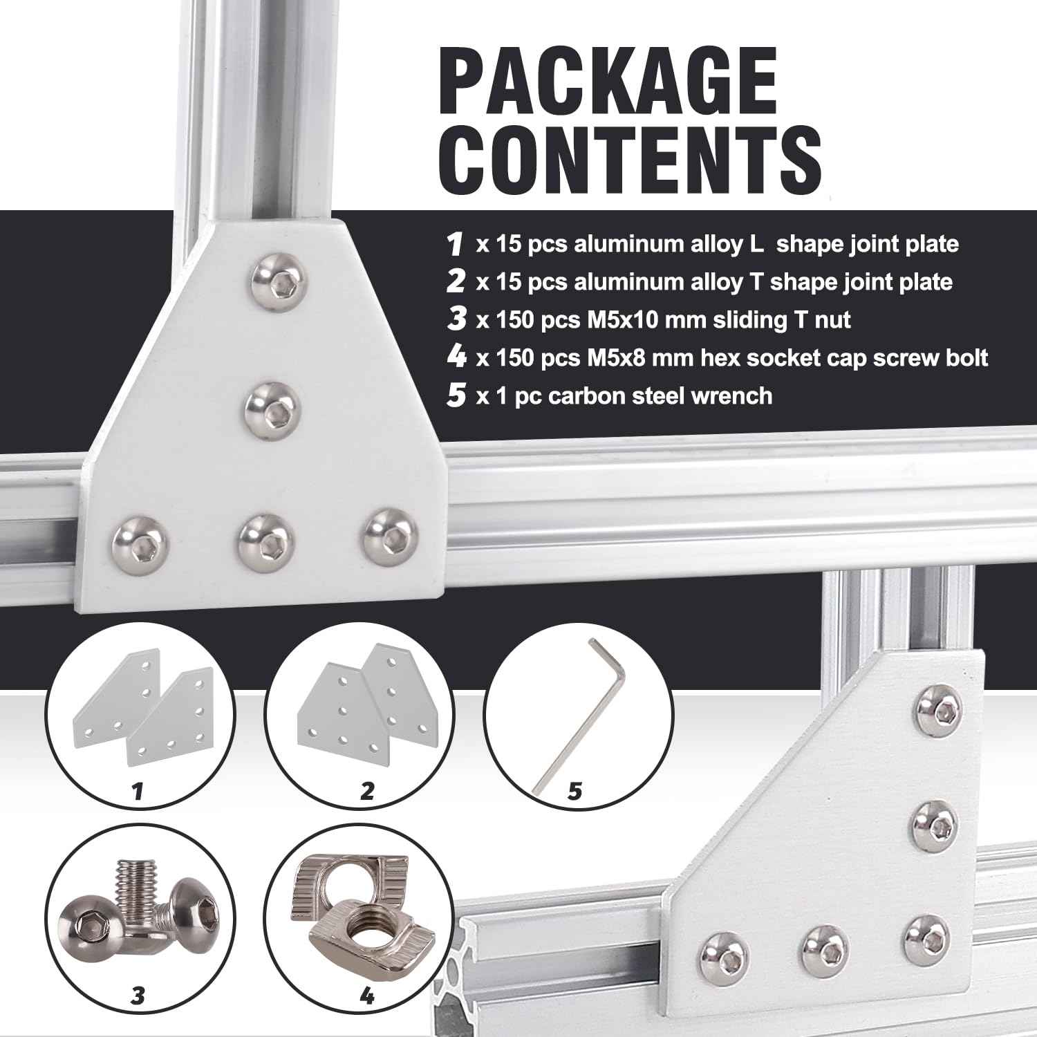 Sidaxia 2020 Corner Bracket Joint Plate 15Pcs L Shape & 15Pcs T Shape 5 Hole Aluminum Extrusion Connector with 150Pcs T-Nuts, 150Pcs Screws and 1Pc Wrench for 20 x 20mm Series Extrusion Profile