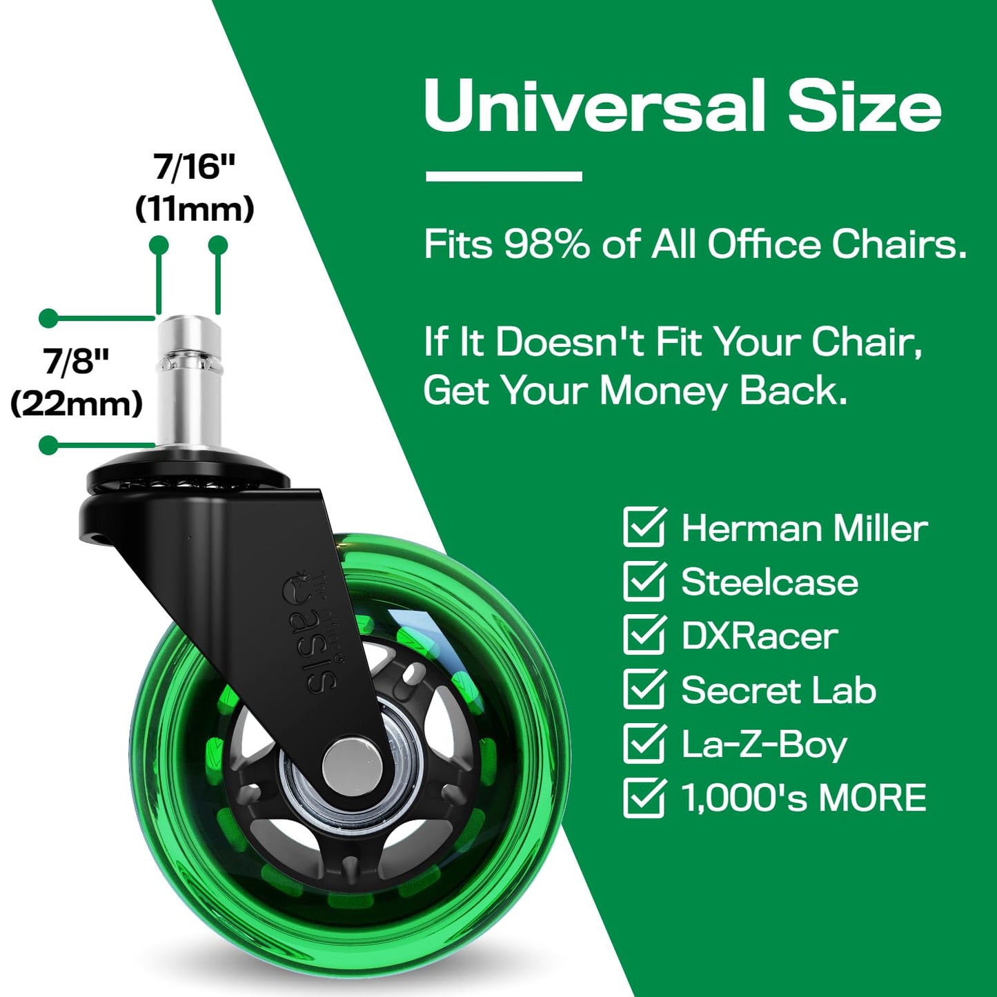 Original Rollerblade Office Chair Wheels - Smooth, Quiet Casters for Hardwood & Carpet - Easy Universal Fit - Set of 5
