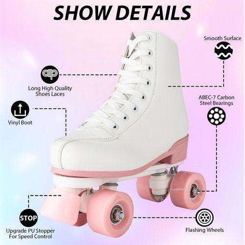 YYW Roller Skates for Women Girls White Pink Roller Skates Light Up Adult Double Row PU Leather Skates for Youth Adult Beginner Outdoor (Pink Flash Wheel,36)