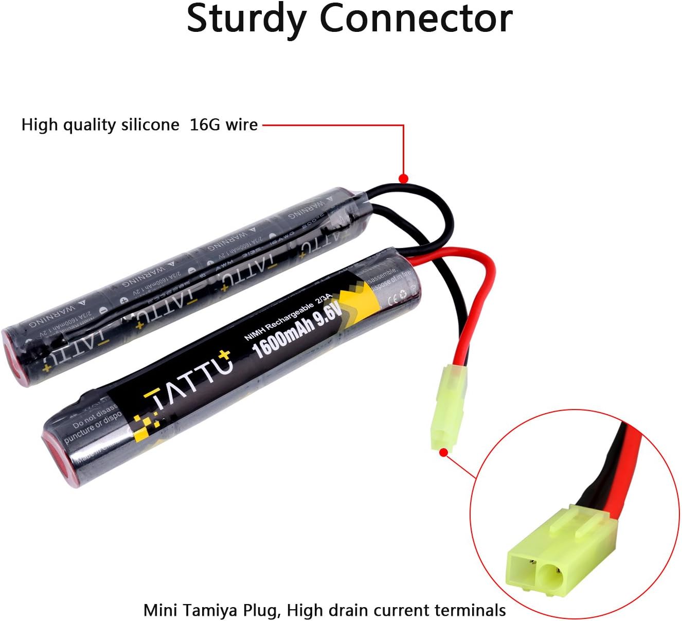 TATTU 9.6V NiMH Rechargeable Battery Pack - 1600mAh for Airsoft Nunchuck Stick | TMY Connector