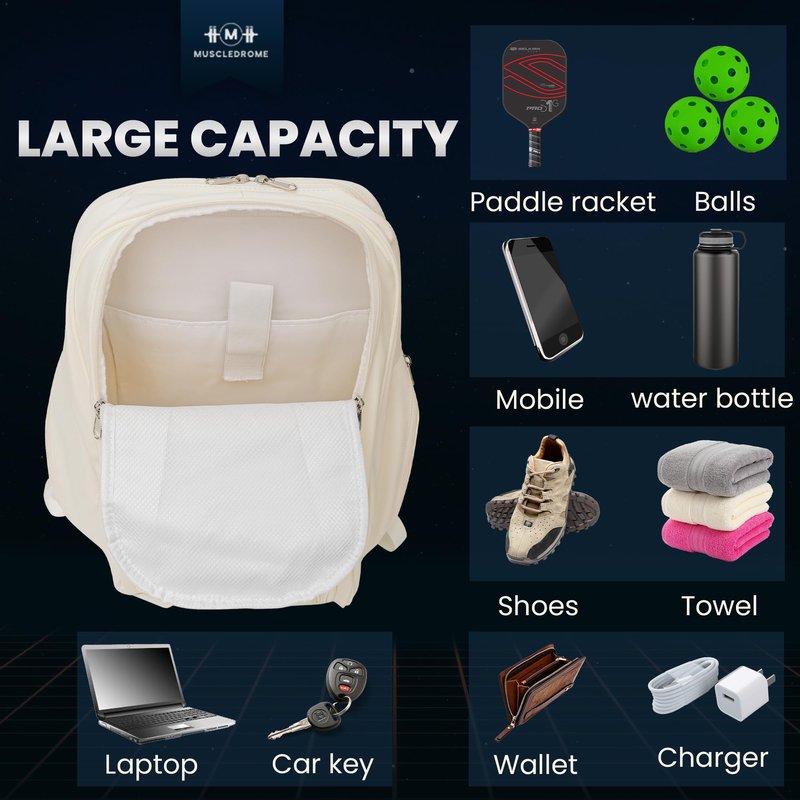 Pickleball Bag for Men and Women, Large 38L Tennis and Pickleball Backpack with Shoe Compartment, Durable Padel Bag with Spacious Storage for Paddles, Balls, Bottle, Towel, Clothes & Laptop (White)