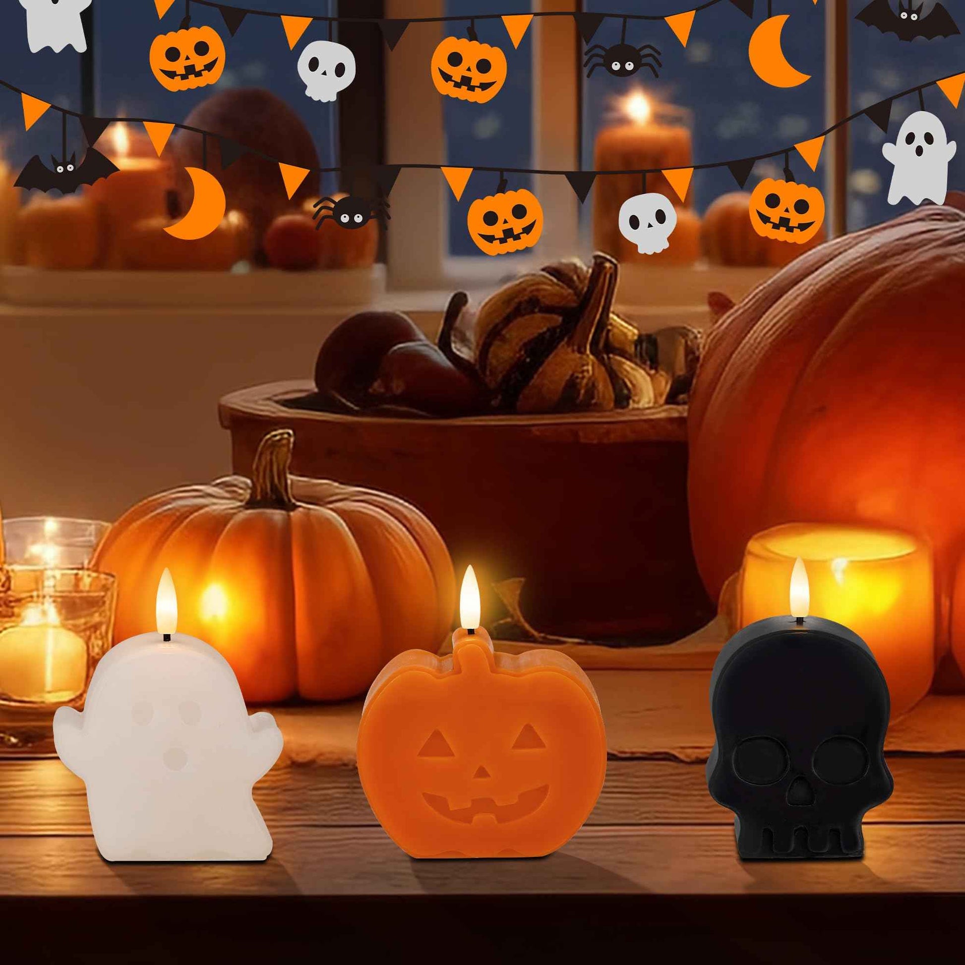 Halloween Flameless Candles with Remote, Real Wax Ghost, Pumpkin, Skull Battery Operated Candles, Flickering LED Fake Candle, Halloween Decorations for Table, fireplace, Home, Party, Festival Decor