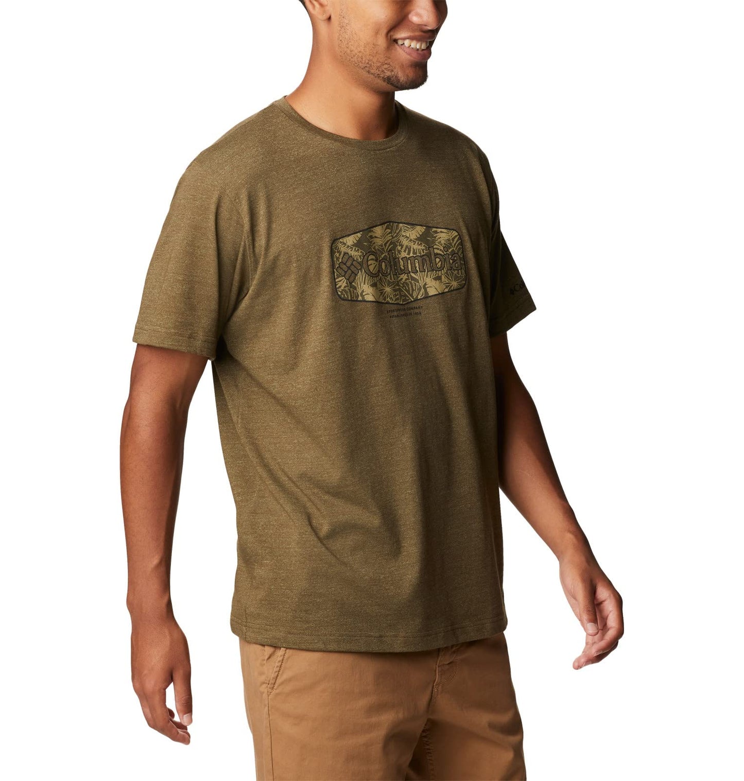 Columbia Men's Thistletown Hills Graphic Short Sleeve, Olive Green Heather/Wanderland Graphic, 4X Tall