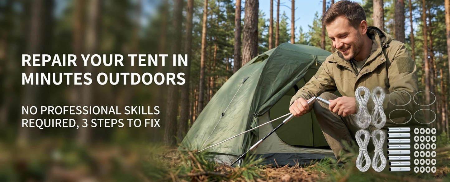 Luontgom 4 Set Tent Pole Repair Kit, Universal Nylon Tent Poles Replacement Kit with 4 Shock Cords, 24 Washers, 8 Metal Tubes and 4 Iron Lead Wire, Repair Accessories for Camping Hiking Backpacking