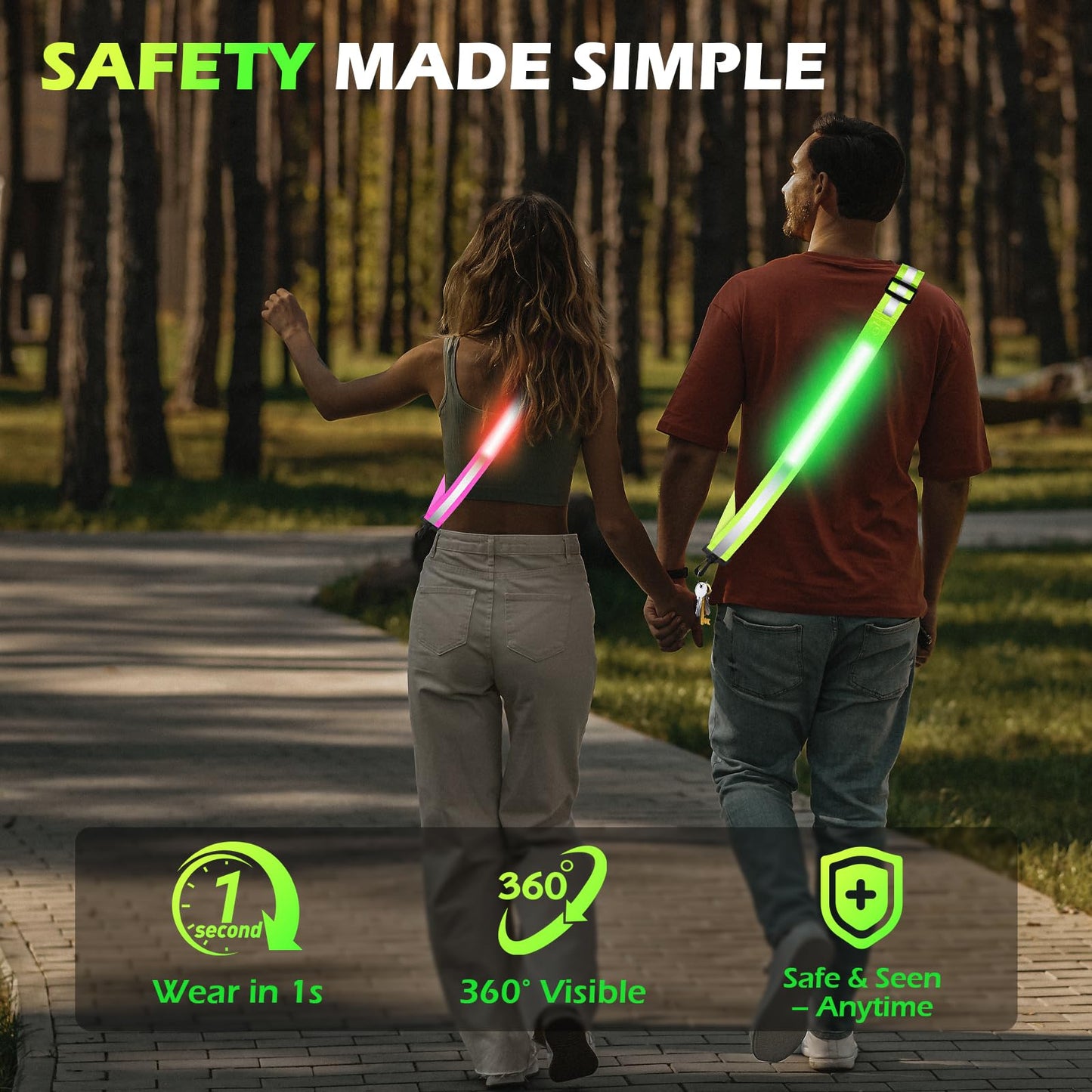 VIREOGEAR LED Safety Sash, USB Rechargeable Reflective Running Gear with 360° High Visibility, Adjustable Light Up Sash, 5 Colors & 11 Flash Modes for Running, Walking, Cycling & Dog Walking