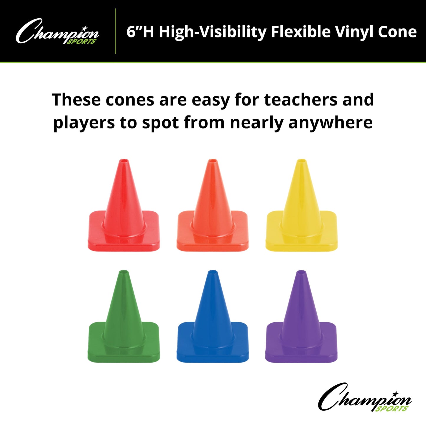Champion Sports High Visibility Flexible Vinyl Cones for Sports Training, Agility Drills, Field & Gym Marking Sets