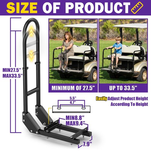 Golf Cart Rear Seat Grab Bar for Yamaha Club Car EZGO, Universal Golf Cart Safety Seat Round Pipe Handle Rail 27"-34" Adjustable Height for TXT DS, Golf Cart Accessories Heavy Duty Thicken Clamps