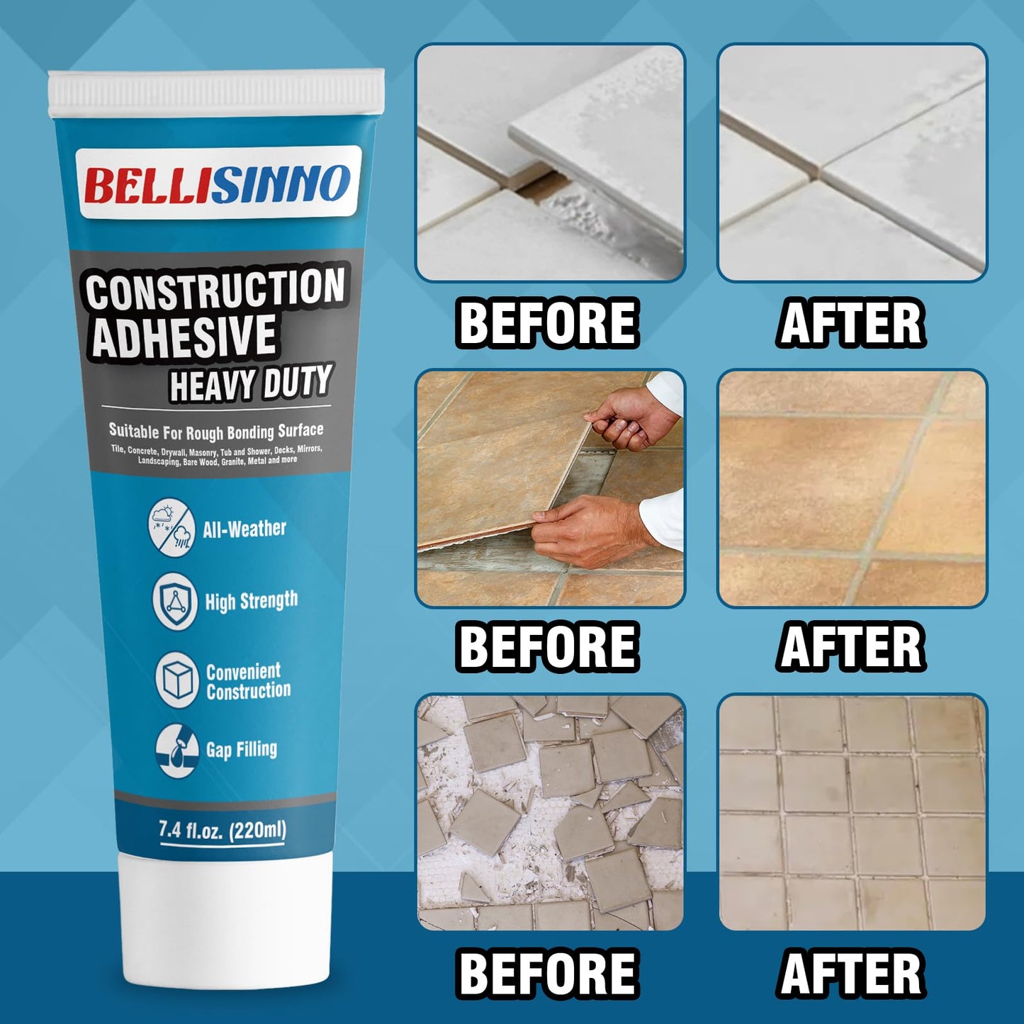 Construction Adhesive Heavy Duty, Cement Glue for Concrete, Floor, Wall, Stone, Wood and More, 7.4 Ounce Tile Squeeze Tube, Suitable for Rough Bonding Surface (220ml*1)