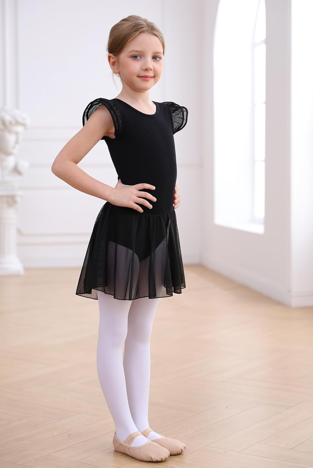 MdnMd Girls Ballet Leotard Dress - Toddler Ballerina Outfit with Hollow Knot Back & Flutter Sleeves