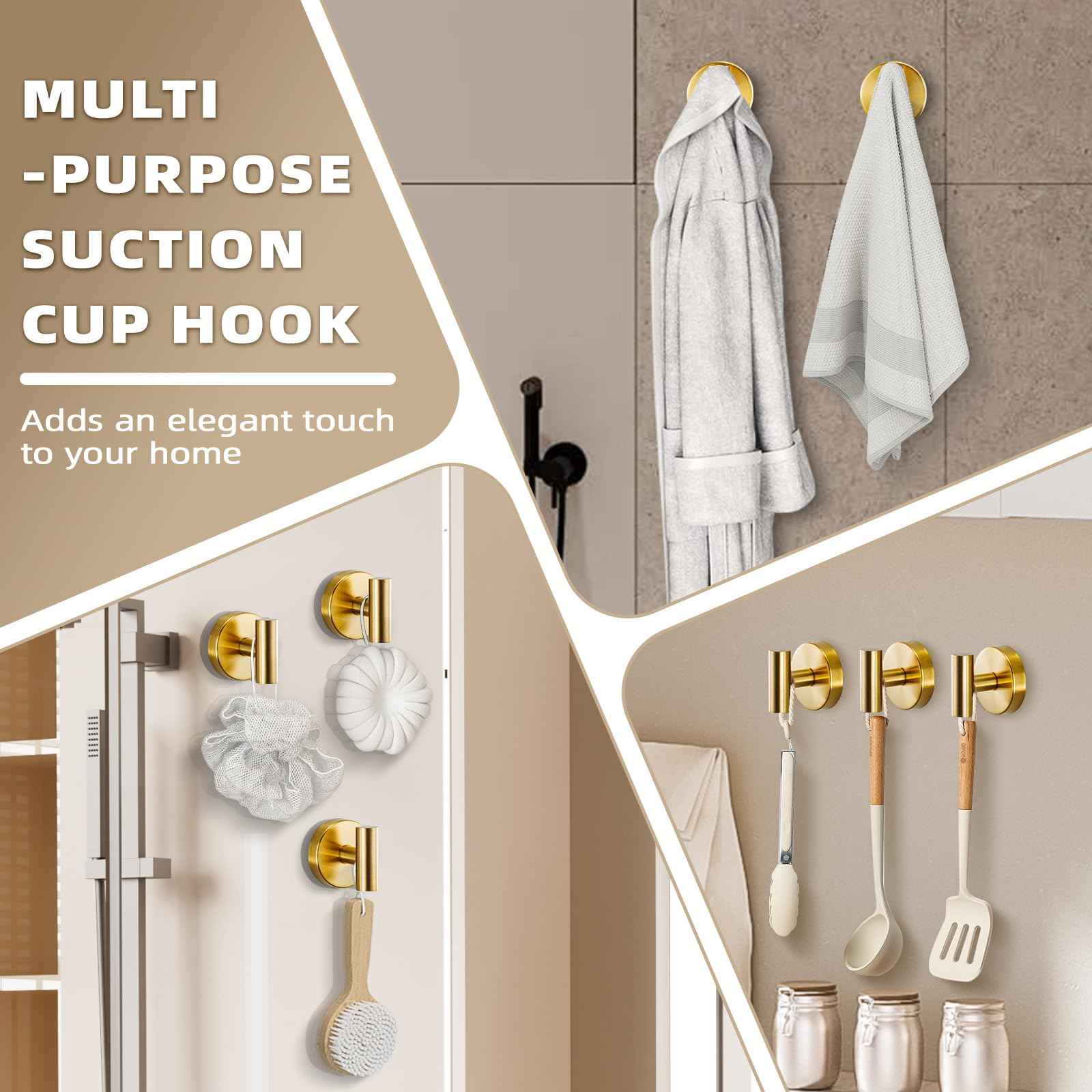 Fenas Suction Cup Hooks for Shower - Bathroom Reusable Hooks for Towels, Robes & Loofah - No-Drill Mounting on Kitchen,Walls,Metal,Glass,Mirrors,Tile & Smooth Non-Porous Surfaces (2, Brushed Gold)