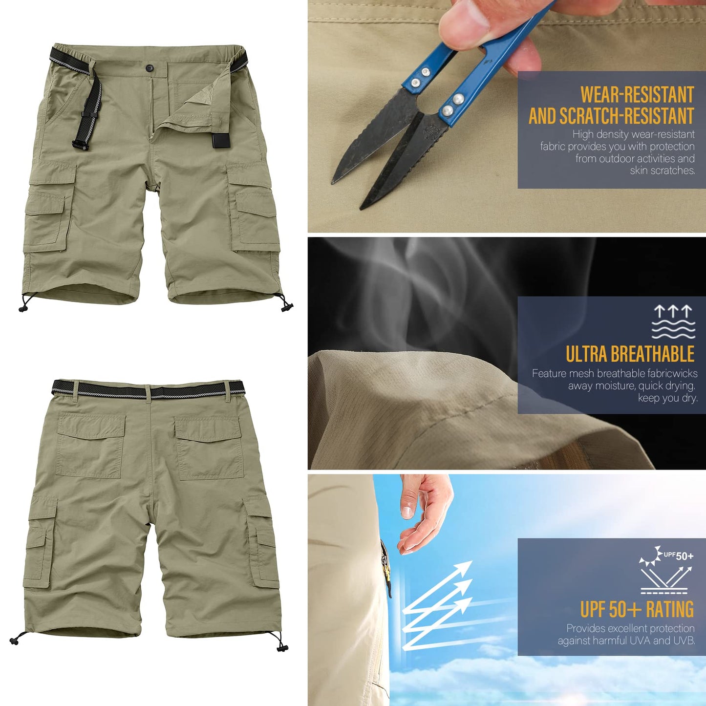 Jessie Kidden Mens Cargo Shorts Outdoor Casual Elastic Waist Lightweight Water Resistant Quick Dry Fishing Hiking Shorts (6013 Khaki 36)