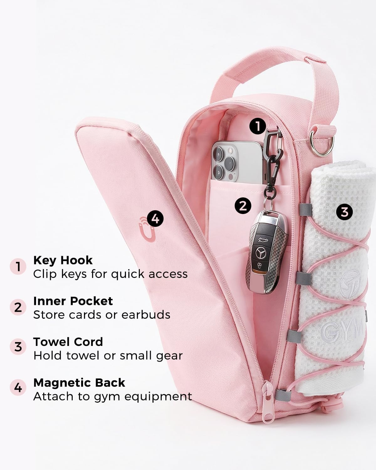 Skiennix Magnetic Gym Bag for Women - Water Bottle Holder & Touchscreen Pocket | Fits 40oz Tumbler, 4 Built-in Magnets, Shoulder Strap